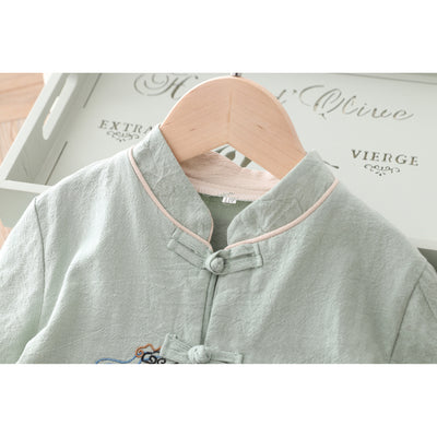 [KB06] Kids Boys Cheongsam Set Top n Shorts Embroidered Crane n Circle Auspicious Clouds CNY Chinese New Year Outfit - Little Kooma