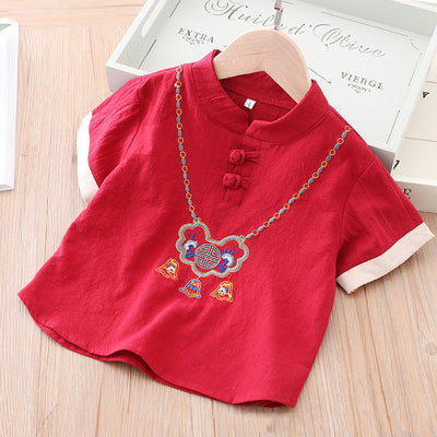 [KB01] Kids Boys Cheongsam Set Top n Shorts Embroidered Ruyi Lock CNY Chinese New Year Outfit - Little Kooma