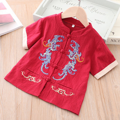 [KB03] Kids Boys Cheongsam Set Top n Shorts Blue Embroidered Dragons CNY Chinese New Year Outfit - Little Kooma