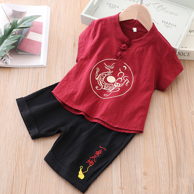 [KB05] Kids Boys Cheongsam Set Top n Shorts Embroidered Dragon n Gourd CNY Chinese New Year Outfit - Little Kooma