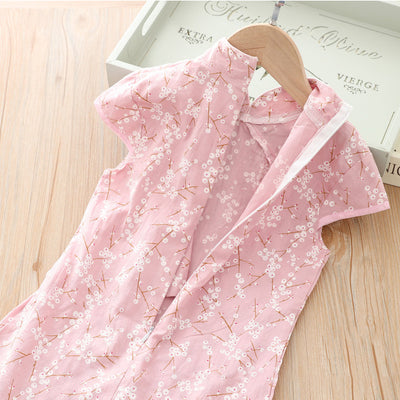 [KG09] Kids Girls White Cotton Flowers Cheongsam Dress Cap Sleeves CNY Chinese New Year Outfit - Little Kooma