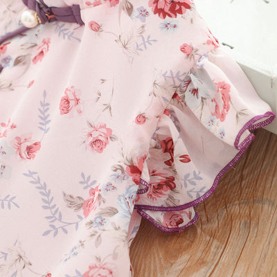 [KG10] Kids Girls Voile Floral Cheongsam Dress Ruffled Sleeves CNY Chinese New Year Outfit - Little Kooma