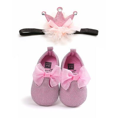 Baby Girl Glitter Flats Bowtie n Crown Headwrap Set - 0912 - Little Kooma