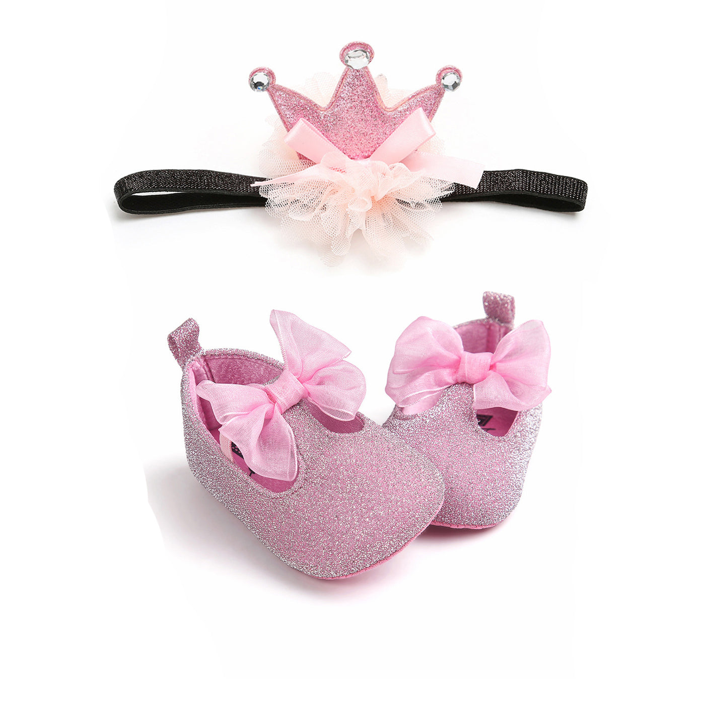 Baby Girl Glitter Flats Bowtie n Crown Headwrap Set - 0912 - Little Kooma