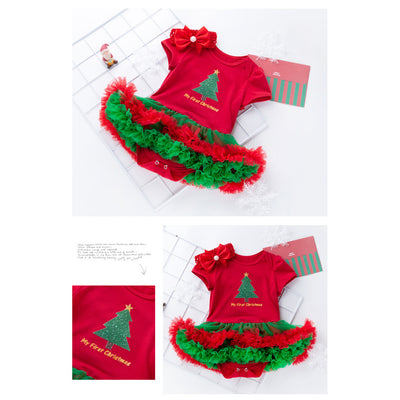 Baby Girl Christmas Outfit Christmas Tree Bodysuit Dress n Headwrap 2 Piece Set - 1124 - Little Kooma
