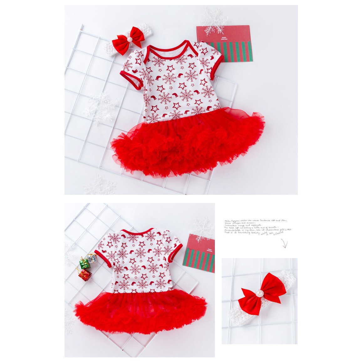 Baby Girl Christmas Outfit Snow Flakes Bodysuit Dress n Headwrap 2 Piece Set - 1124 - Little Kooma