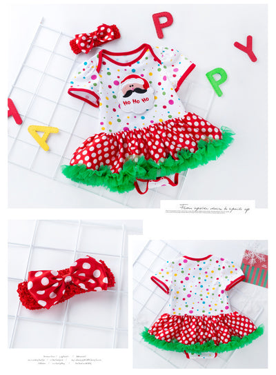 Baby Girl Christmas Outfit Santa Claus Colorful Dots Bodysuit Dress n Headwrap 2 Piece Set - 1124 - Little Kooma
