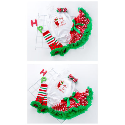 Baby Girl Christmas Outfit My First Christmas White Long Sleeve Bodysuit n Voile Skirt n Socks n Headwrap 4 Piece Set - 1124 - Little Kooma