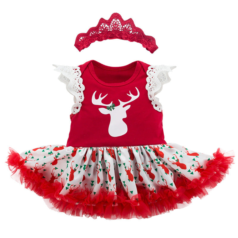 Baby Girl Reindeer Christmas Romper Dress w Headwrap - Little Kooma