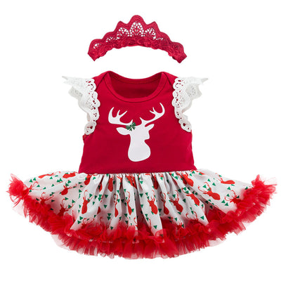 Baby Girl Reindeer Christmas Romper Dress w Headwrap - Little Kooma