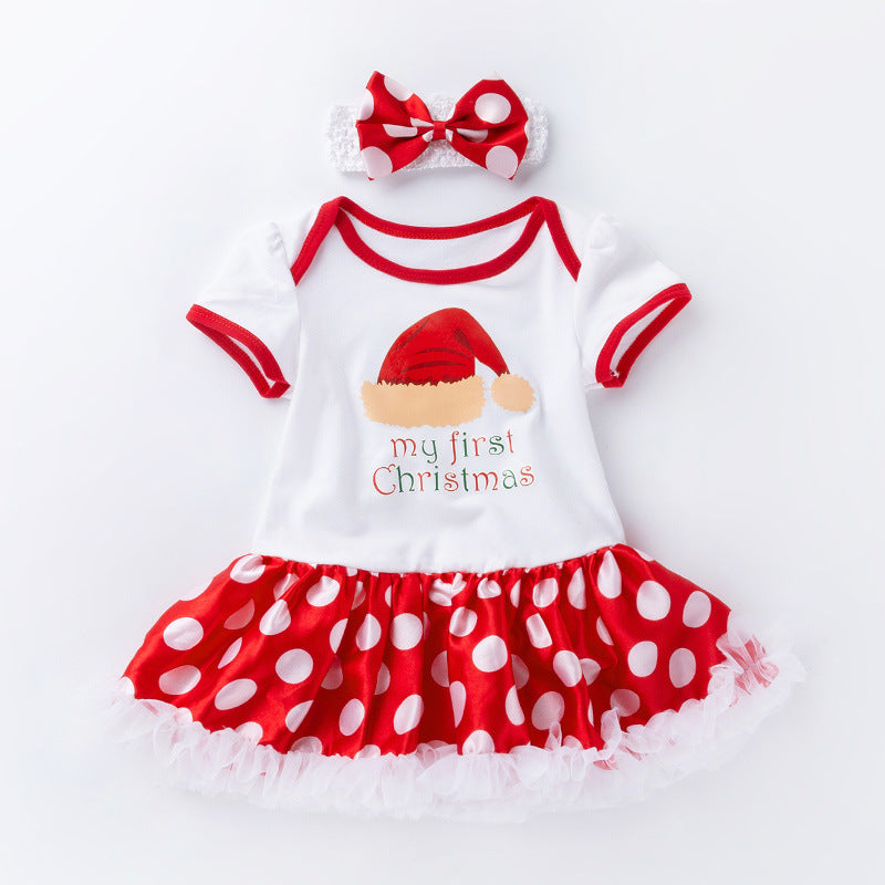 Baby Girl White Dots Christmas Romper Dress w Headwrap - Little Kooma