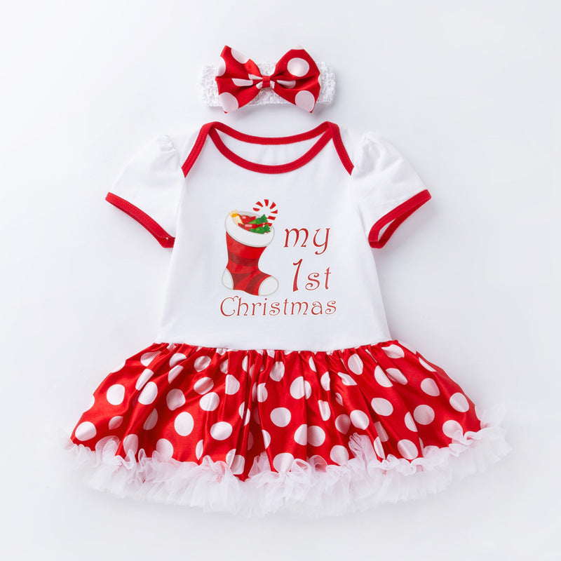 Baby Girl Christmas Outfit My 1st Christmas Bodysuit Dress n Headwrap 2 Piece Set - 1124 - Little Kooma