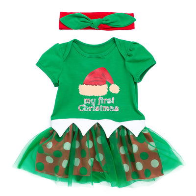 Baby Girl Green Christmas Romper Dress w Headwrap - Little Kooma