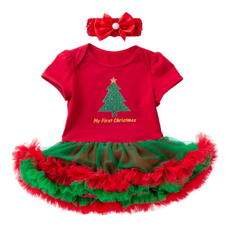 Baby Girl Christmas Outfit Christmas Tree Bodysuit Dress n Headwrap 2 Piece Set - 1124 - Little Kooma