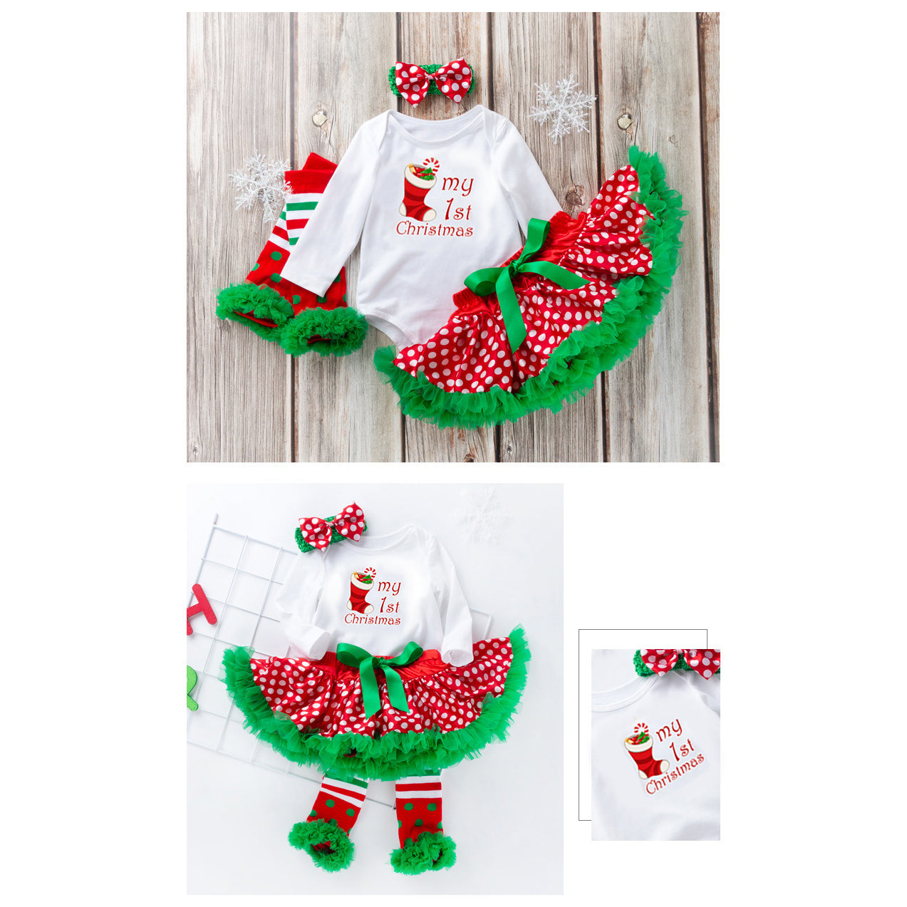 Baby Girl Christmas Outfit My First Christmas White Long Sleeve Bodysuit n Voile Skirt n Socks n Headwrap 4 Piece Set - 1124 - Little Kooma