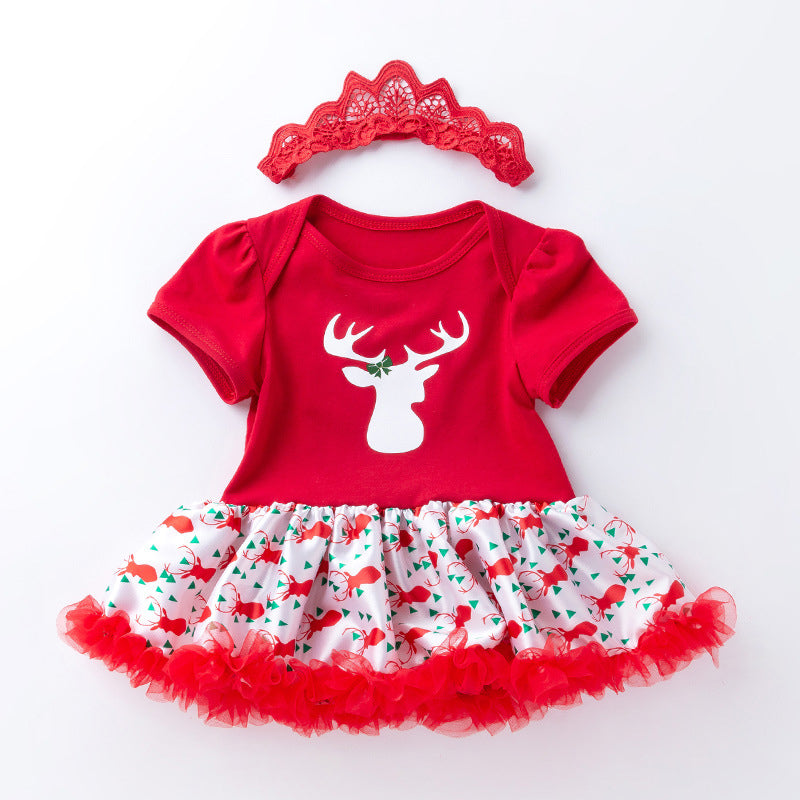 Baby Girl Christmas Outfit Elk Bodysuit Dress n Headwrap 2 Piece Set - 1124 - Little Kooma