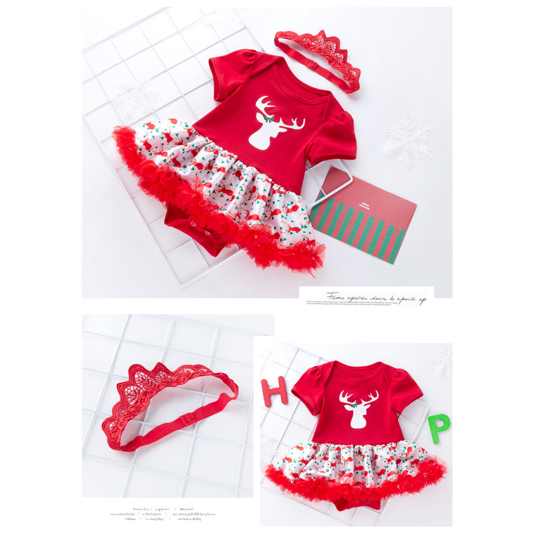 Baby Girl Christmas Outfit Elk Bodysuit Dress n Headwrap 2 Piece Set - 1124 - Little Kooma