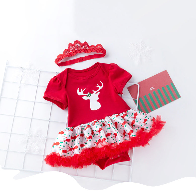 Baby Girl Christmas Outfit Elk Bodysuit Dress n Headwrap 2 Piece Set - 1124 - Little Kooma