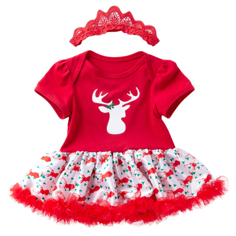 Baby Girl Christmas Outfit Elk Bodysuit Dress n Headwrap 2 Piece Set - 1124 - Little Kooma