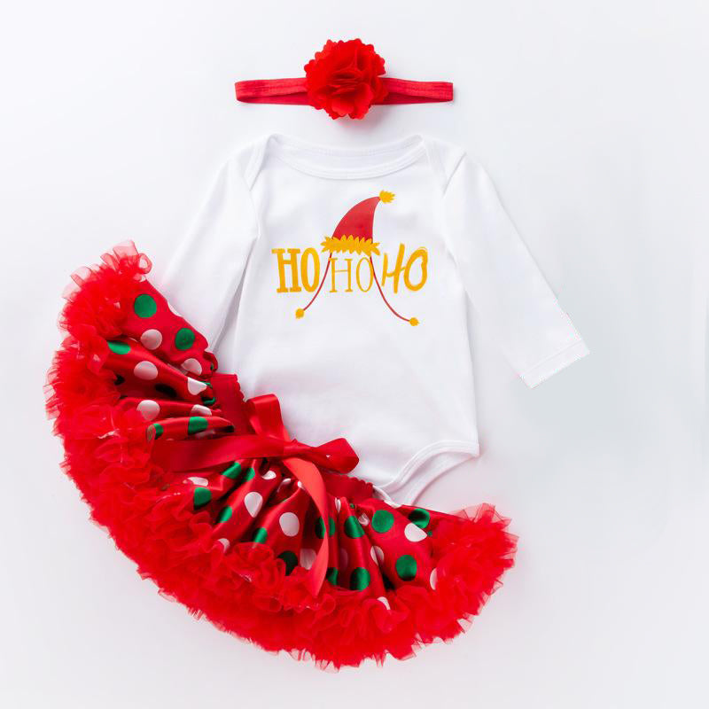 Baby Girl Christmas Outfit White Long Sleeve Bodysuit n Red Voile Skirt n Socks n Headwrap 4 Piece Set - 1124 - Little Kooma