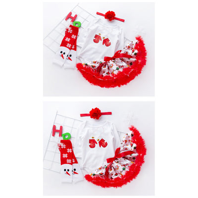 Baby Girl Christmas Outfit White Long Sleeve Bodysuit n Red Voile Skirt n Socks n Headwrap 4 Piece Set - 1124 - Little Kooma