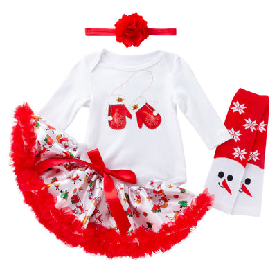 Baby Girl Christmas Outfit White Long Sleeve Bodysuit n Red Voile Skirt n Socks n Headwrap 4 Piece Set - 1124 - Little Kooma