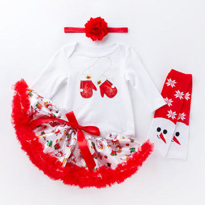 Baby Girl Christmas Outfit White Long Sleeve Bodysuit n Red Voile Skirt n Socks n Headwrap 4 Piece Set - 1124 - Little Kooma