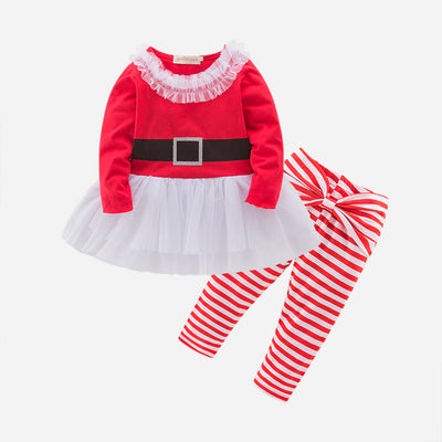 Girl's Christmas Outfit Long Sleeve Splicing Lace Voile Dress n Pants Two Piece Set - 1125 - Little Kooma