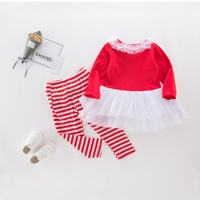 Girl's Christmas Outfit Long Sleeve Splicing Lace Voile Dress n Pants Two Piece Set - 1125 - Little Kooma