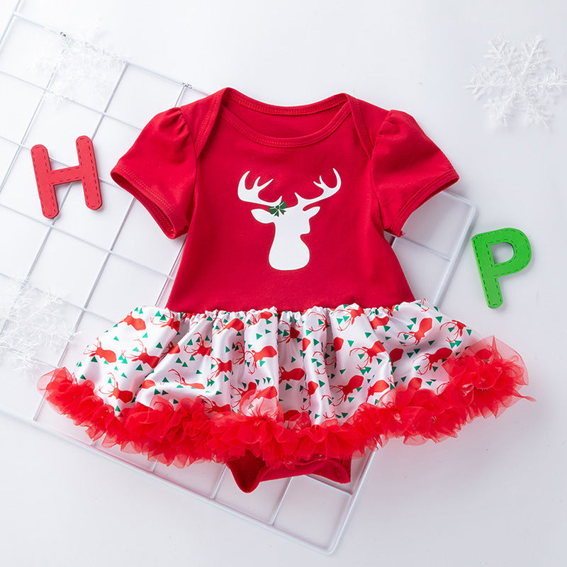 Baby Girl Christmas Outfit Elk Bodysuit Dress n Headwrap 2 Piece Set - 1124 - Little Kooma