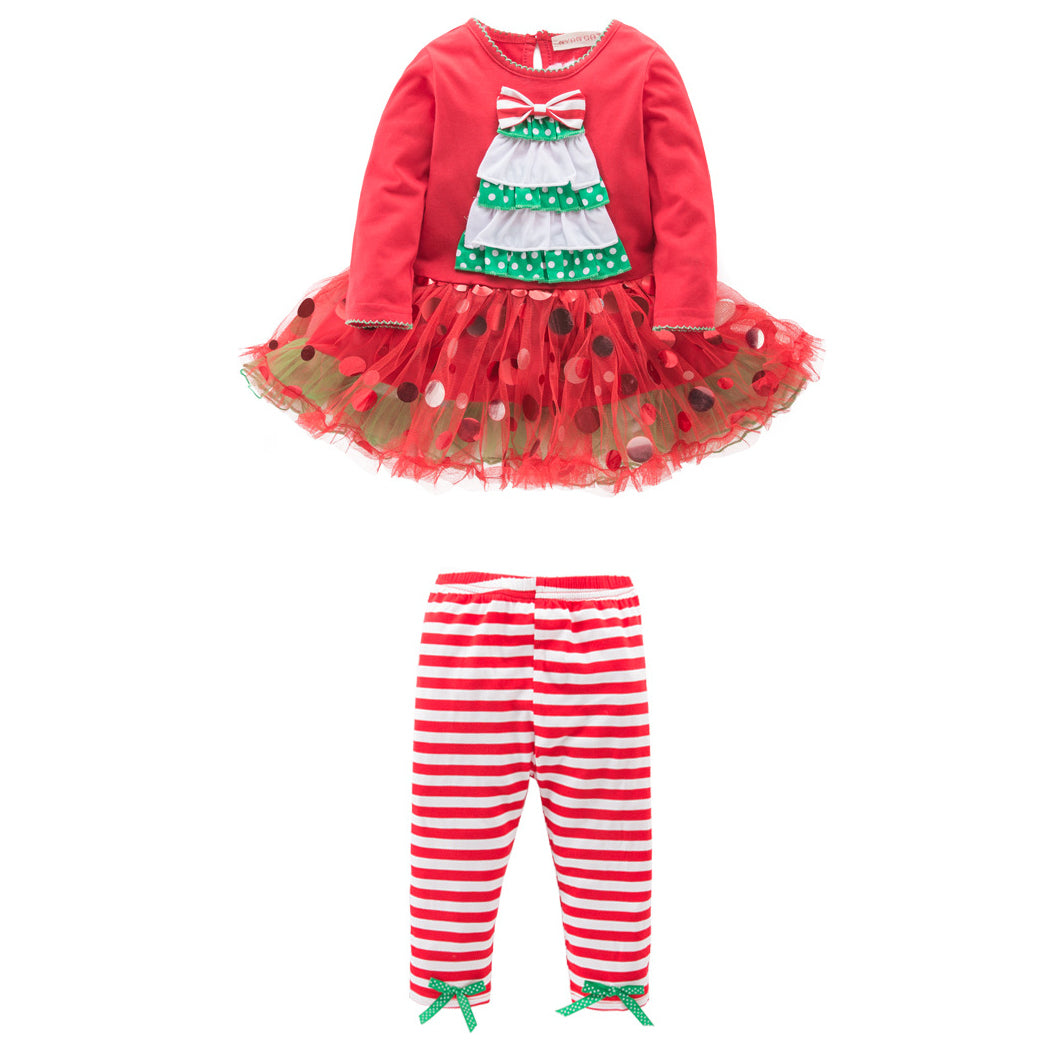 Girl's Christmas Outfit Long Sleeve Christmas Tree Voile Sequin Dress n Pants Two Piece Set - 1125 - Little Kooma