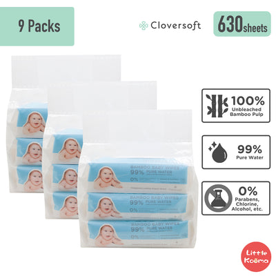 Cloversoft Organic Baby Wipes, Oral Safe, Unbleached Bamboo Pure Water, 70 sheets per pack - Little Kooma