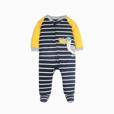 Baby Black Striped Splicing Sleepsuit w Pelican Zip - 0622 - Little Kooma