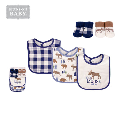 Baby Boy Bibs n Socks 5 Pcs Set Moose/Bear 0 to 9 Months 17593 - Little Kooma