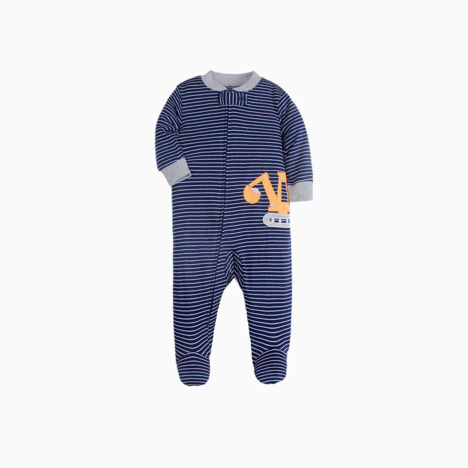 Baby Boy Dark Blue Striped Sleepsuit w Digger Feet Covered Zip All In One - 0813 - Little Kooma