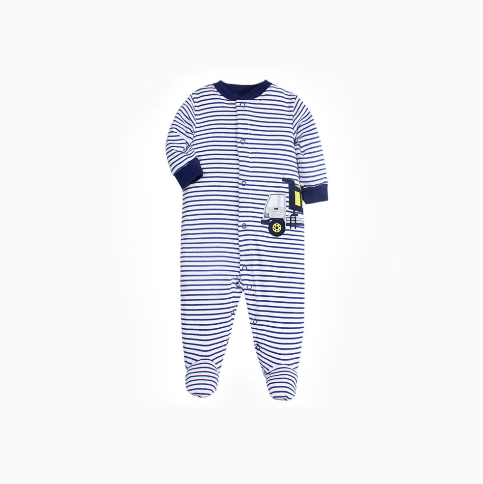 Baby Boy Dark Blue Striped Sleepsuit w Truck Feet Covered Buttons All In One - Little Kooma