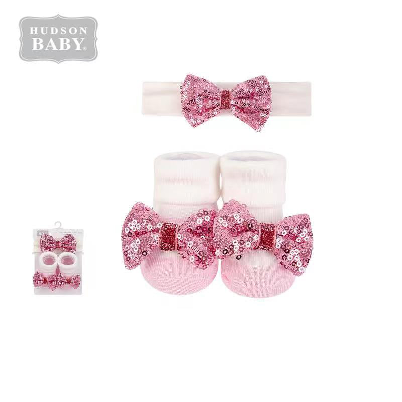 Baby Girl 2 Piece Headband n Socks Set 01161CH Cream Pink Sequin - Little Kooma