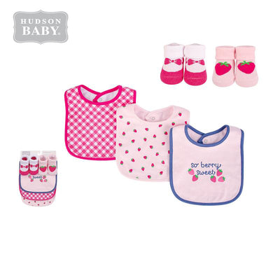 Baby Girl Bibs n Socks 5 Pcs Set Pink Strawberry 0 to 9 Months 17608 - Little Kooma