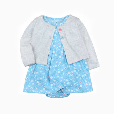 Baby Girl Blue w Little Flowers Bodysuit Dress n Grey Cardigan 2pc Set - 0622 - Little Kooma