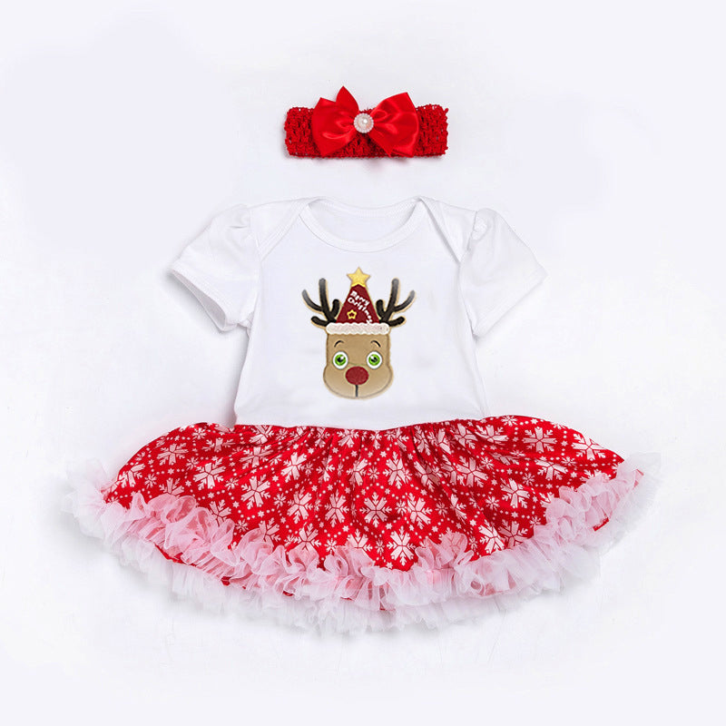 Baby Girl Elk Bodysuit Dress n Headwrap 2 Piece Set Christmas Outfit - 1209 - Little Kooma