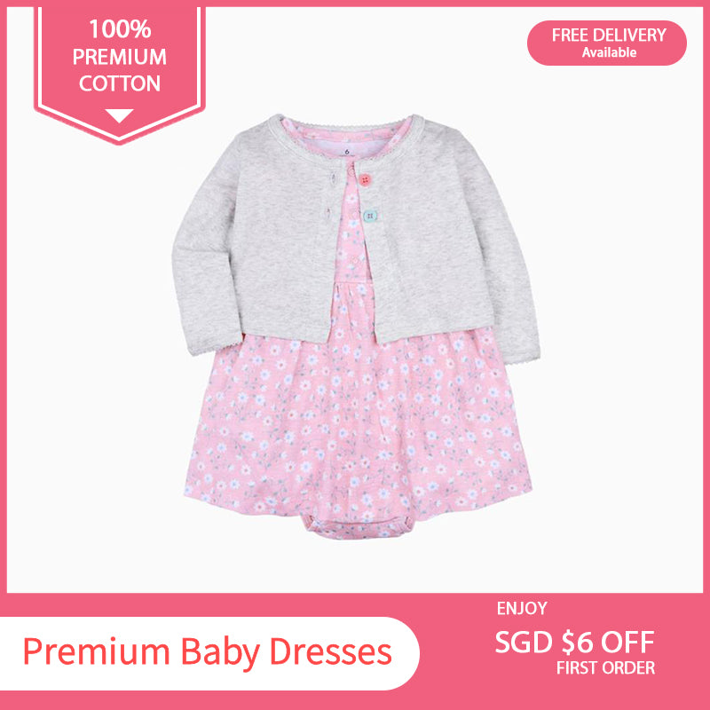 Baby Girl Pink w Little Flowers Bodysuit Dress n Grey Cardigan 2pc Set - 0622 - Little Kooma