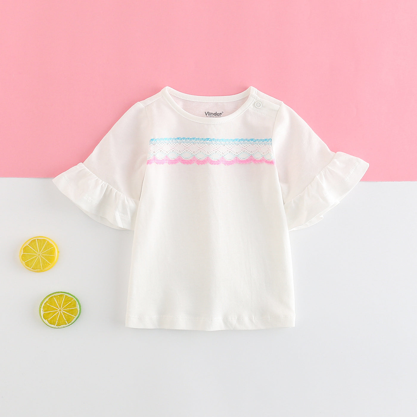 Baby Girl Ruffled Sleeves Blue Top w White Lace n Tassels - Little Kooma