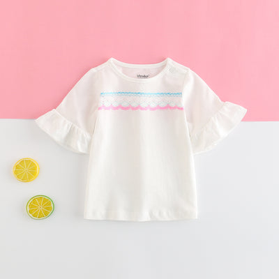 Baby Girl Ruffled Sleeves Blue Top w White Lace n Tassels - Little Kooma