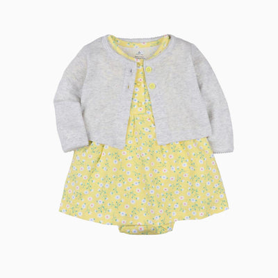 Baby Girl Yellow w Little Flowers Bodysuit Dress n Grey Cardigan 2pc Set - 0622 - Little Kooma