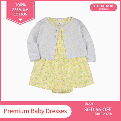 Baby Girl Yellow w Little Flowers Bodysuit Dress n Grey Cardigan 2pc Set - 0622 - Little Kooma