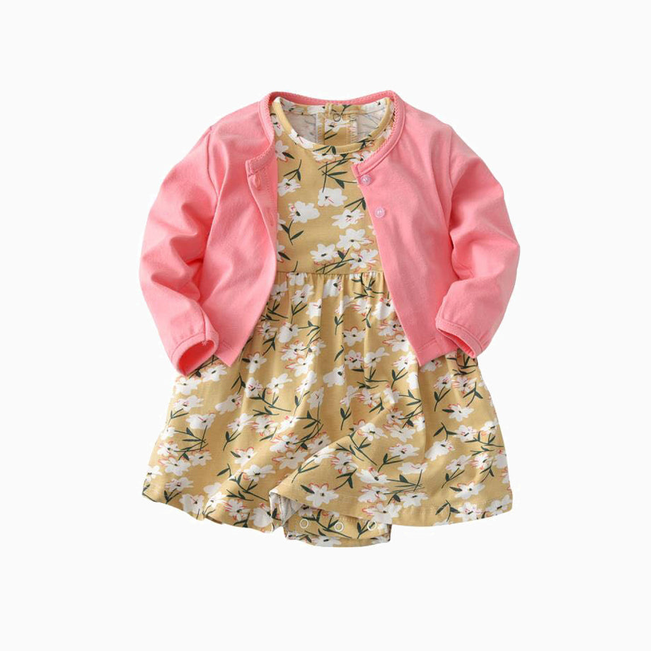 Baby Girl Yellow w White Flowers Bodysuit Dress n Pink Cardigan 2pc Set - 0701 - Little Kooma