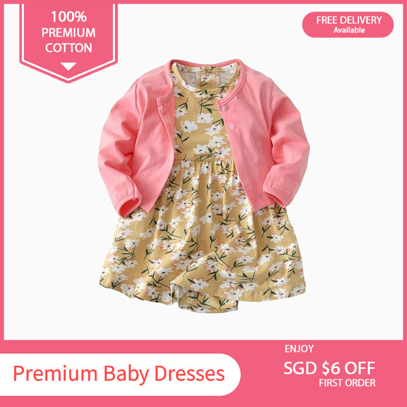 Baby Girl Yellow w White Flowers Bodysuit Dress n Pink Cardigan 2pc Set - 0701 - Little Kooma