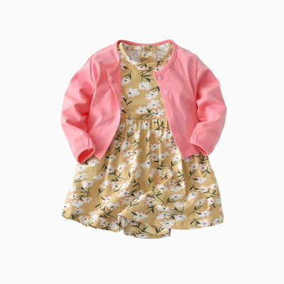 Baby Girl Yellow w White Flowers Bodysuit Dress n Pink Cardigan 2pc Set - 0701 - Little Kooma