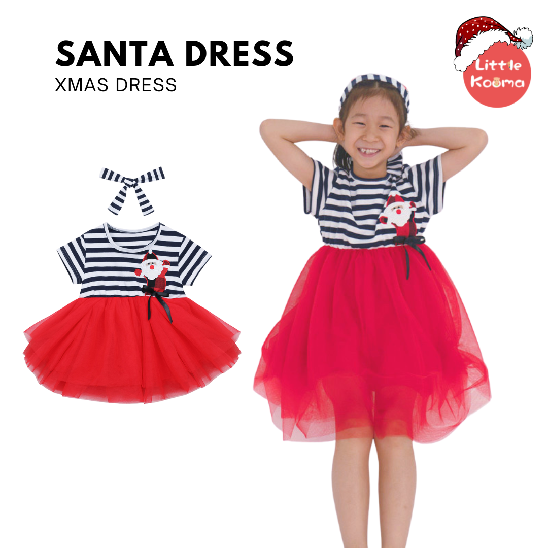 Baby Kids Christmas Outfit Stripe Santa Dress w Headband - Little Kooma
