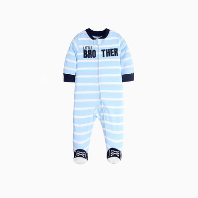 Baby Sleepsuit Blue Striped w Little Brother Feet Covered Zip - 0822 - Little Kooma